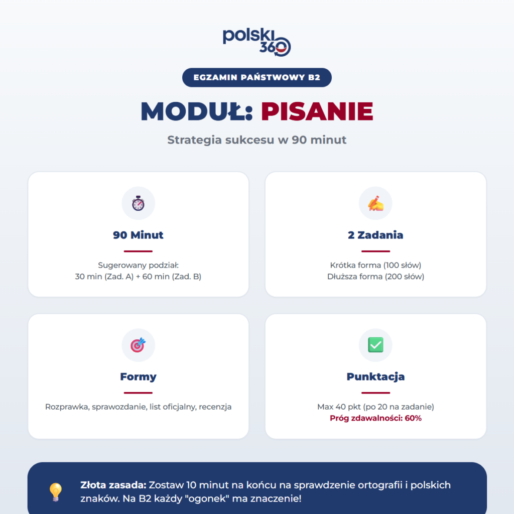 Infografika Polski360 o module pisania na egzaminie B2. Zawiera kluczowe dane: czas 90 minut, podział na 2 zadania (100 i 200 słów), wymagane formy (rozprawka, list, recenzja) oraz próg zdawalności 60%.