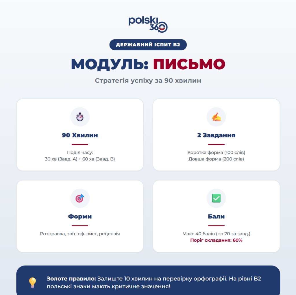 Інфографіка Polski360 про письмо на іспиті B2. Містить ключові дані: час 90 хвилин, 2 завдання (100 та 200 слів), форми (розправка, лист, рецензія) та поріг складання 60%.
