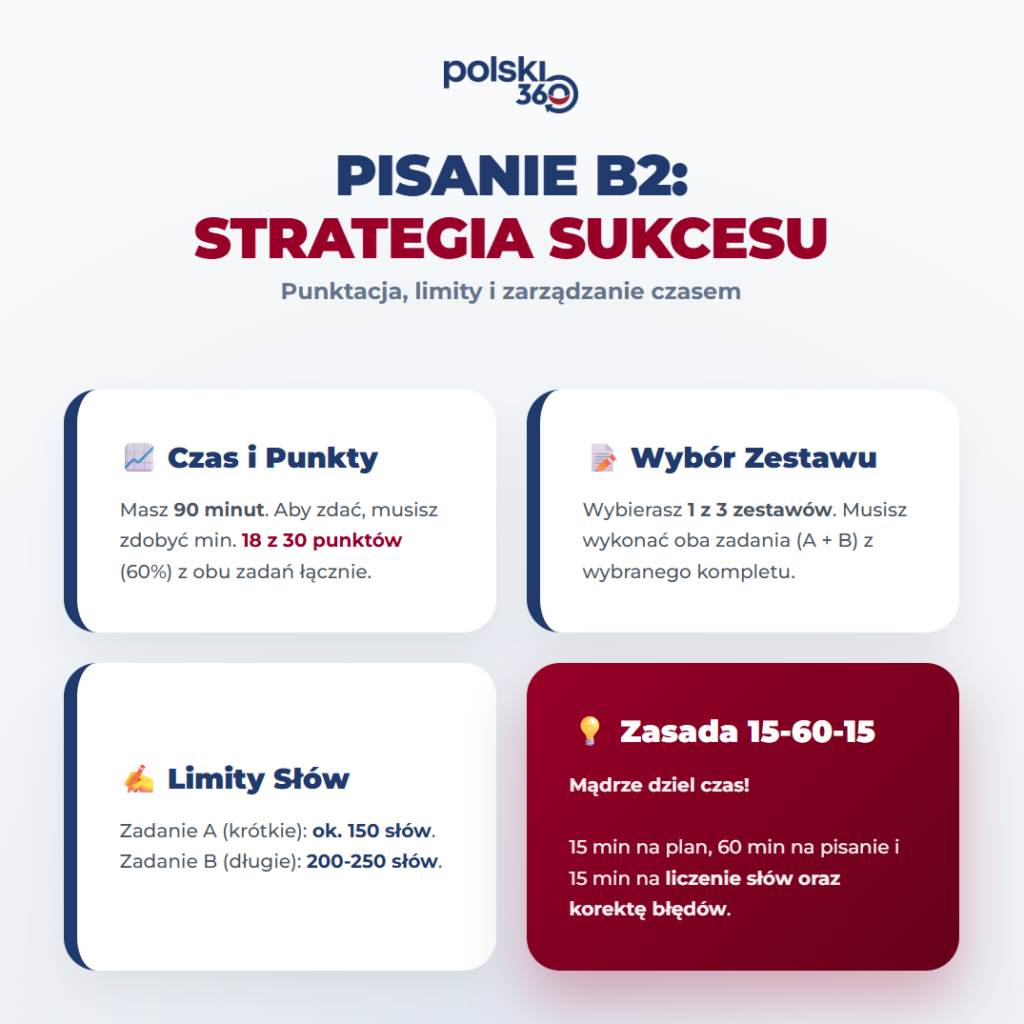 Infografika Polski360 dotycząca modułu pisania na egzaminie B2. Układ 4 kart: czas 90 minut, limity słów (150/250), punktacja 18/30 oraz złota zasada autokorekty. Biało-granatowa kolorystyka z akcentem bordowym.
