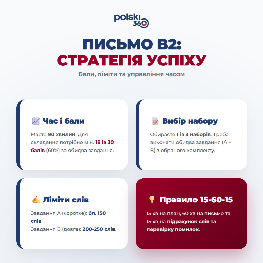 Інфографіка Polski360 про письмовий модуль на іспиті B2. Містить дані про час (90 хв), ліміти слів (150/250), бали (18/30) та правило перевірки помилок.